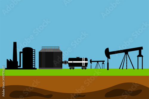 Petroleum production using pump jack mine silhouette vector. Oil rig industry silhouette. Oil and petroleum pumps on a greenfield vector. Pumping out oil from a mine and petroleum production concept.