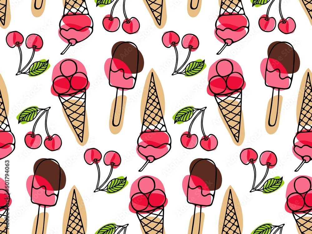 Seamless pattern with cherry berries Ice Cream. Ice Cream repeated ...