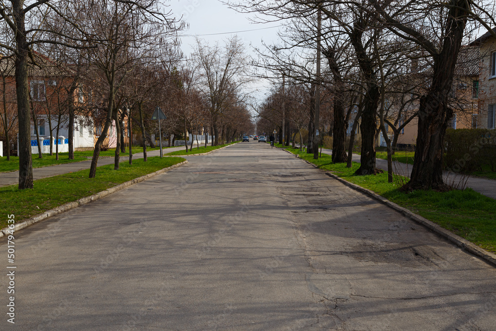 Nova Kakhovka city, Kherson region, Ukraine. Historic street of town