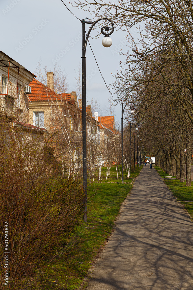 Nova Kakhovka city, Kherson region, Ukraine. Historic street of town