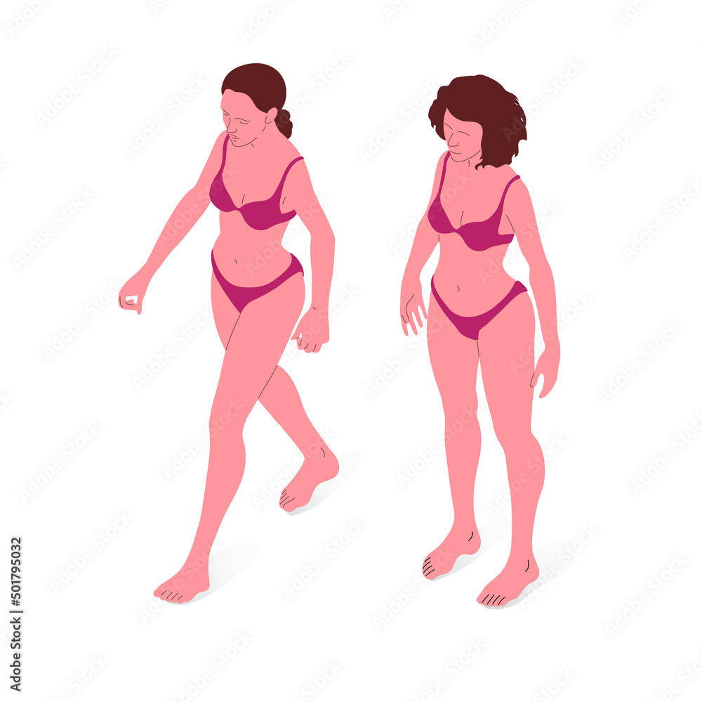 Adult person, naked body. Isometric vector illustration of a standing person and a walking person. Adult person, naked body. Isometric vector illustration of a standing person and a walking person.