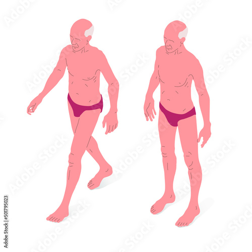 Elderly person, naked body. Isometric vector illustration of a standing person and a walking person.