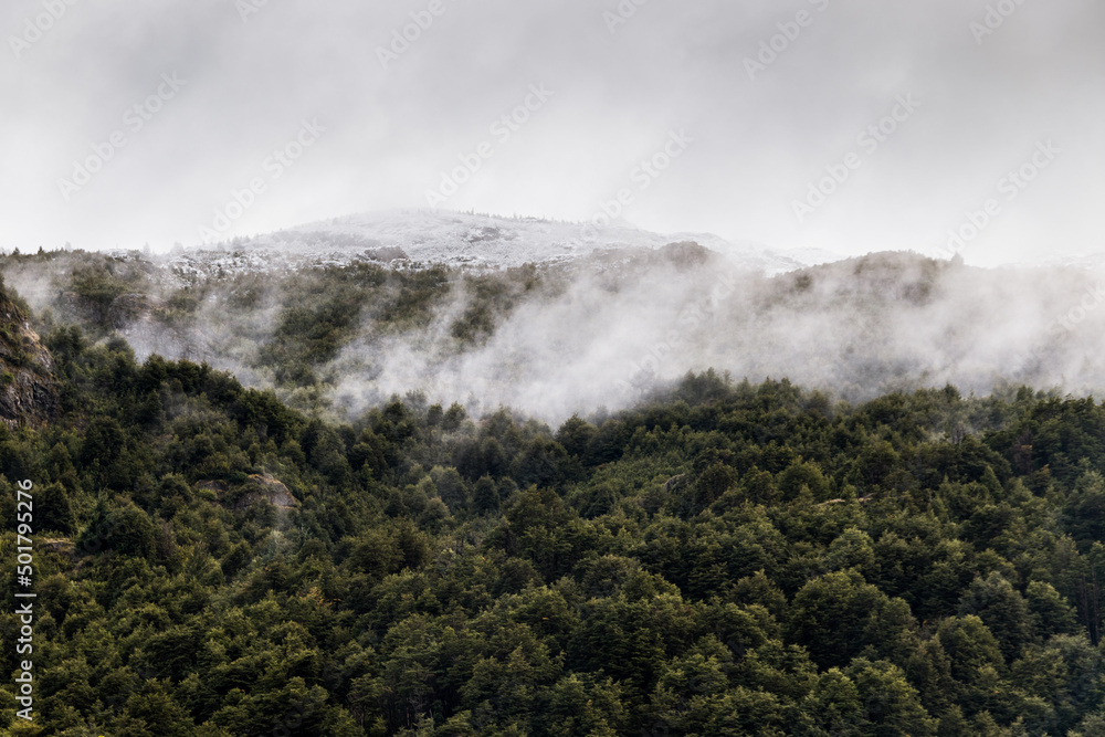 Mountain in futaleufu shrouded in mist