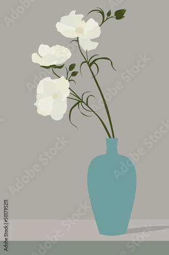 Vector flat image of a vase standing on a table with flowers. Beige flowers in a blue vase. Design for postcards, avatars, posters, backgrounds, templates, textiles.