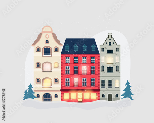 Scandinavian houses of different shapes with snow. Vector illustration