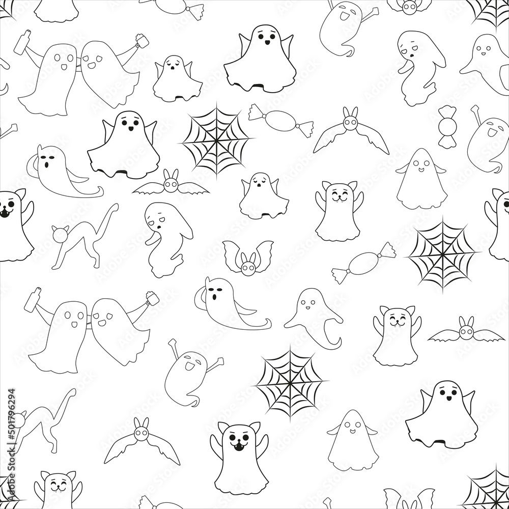 A seamless haunted pattern. Black and white ghosts in the style of doodles. A seamless haunted pattern. Black and white ghosts in the style of doodles.
