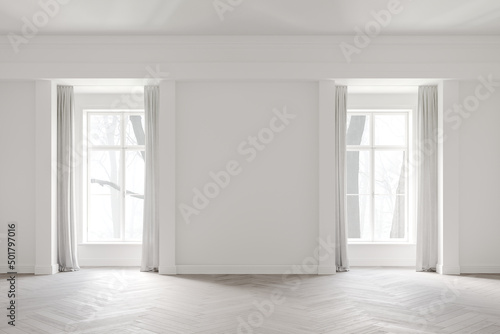 3d minimalistic white classic interior, space with a large windows and cornice on the ceiling, parquet on the floor. 3D rendering illustration mockup. 