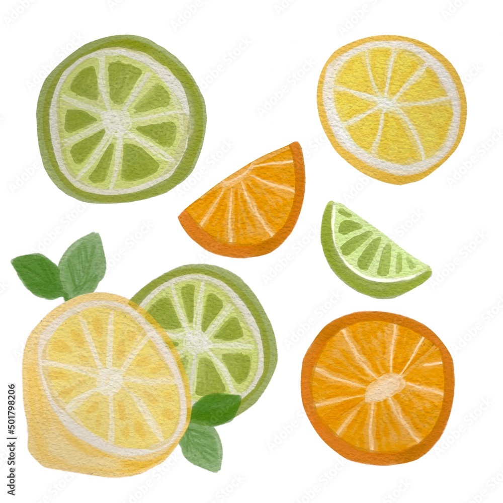Watercolor lemon half, lime slice orange slice. Lemon slice sublimation ...