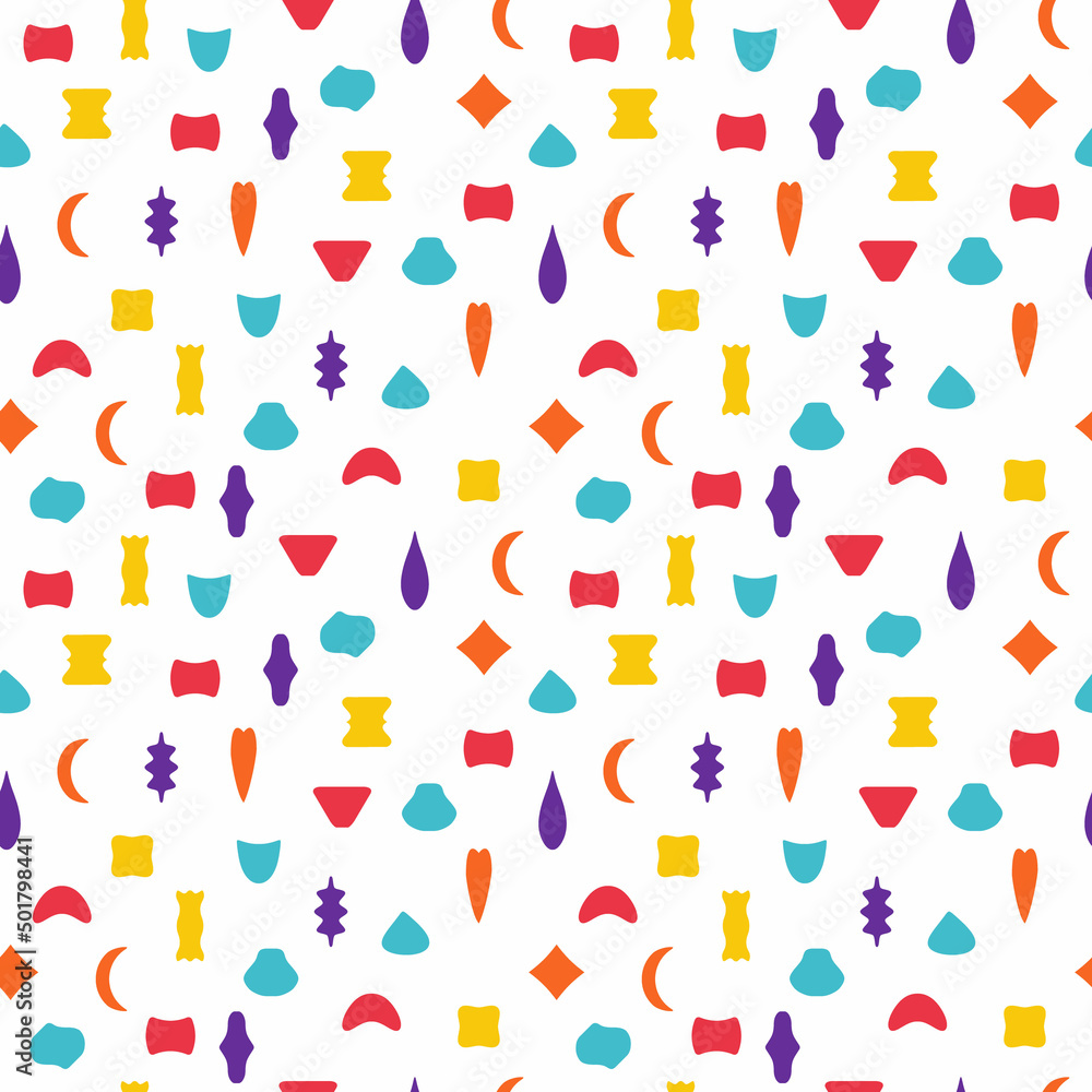 Seamless pattern on white background. Endless backdrop from isolated multicolored abstract shapes. Template for design of fabric or kids wallpapers. Seamless pattern on white background. Endless backdrop from isolated multicolored abstract shapes. Template for design of fabric or kids wallpapers.