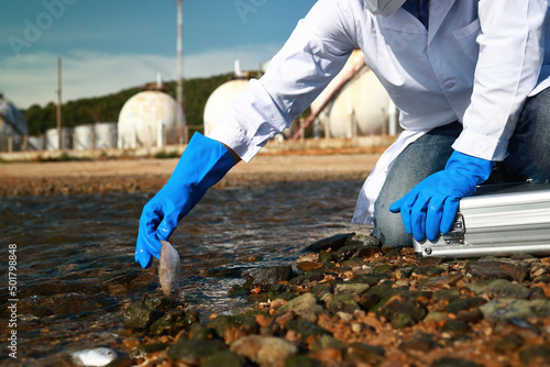 Scientist or Biologist in a protective suit, mask and gloves collect sample of dead fish and Toxic water from factory