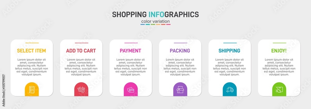 Concept of shopping process with 6 successive steps. Six colorful graphic elements. Timeline design for brochure, presentation, web site. Infographic design layout. Concept of shopping process with 6 successive steps. Six colorful graphic elements. Timeline design for brochure, presentation, web site. Infographic design layout.