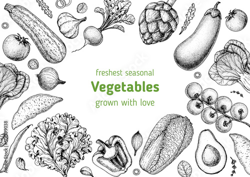 Vegetables hand drawn illustration. Top view frame. Vintage hand drawn sketch. Organic food poster. Good nutrition, healthy food. Vector illustration. Salad, eggplant, cabbage, pepper, tomato, avocado