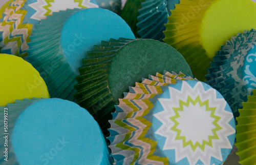 Turquoise, Aqua and Green Baking Cups or Cupcake Liners in Rows