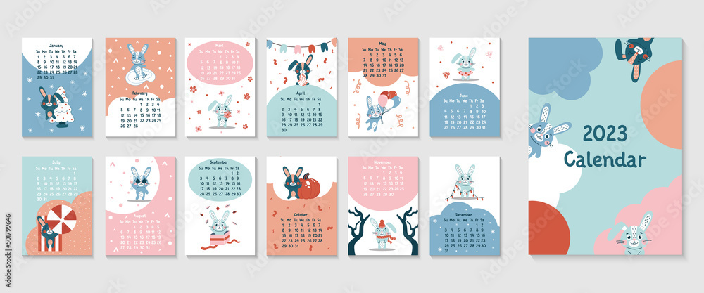 2023 vertical calendar design with cute rabbits chinese year symbol. 12  month, week start on sunday. Page template size A3, A4, A5. Vector flat  illustrtion, great for kids, nursery, poster, printable Stock