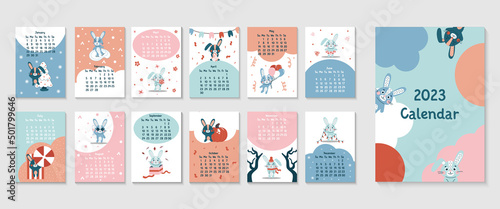 2023 vertical calendar design with cute rabbits chinese year symbol. 12 month, week start on sunday. Page template size A3, A4, A5. Vector flat illustrtion, great for kids, nursery, poster, printable