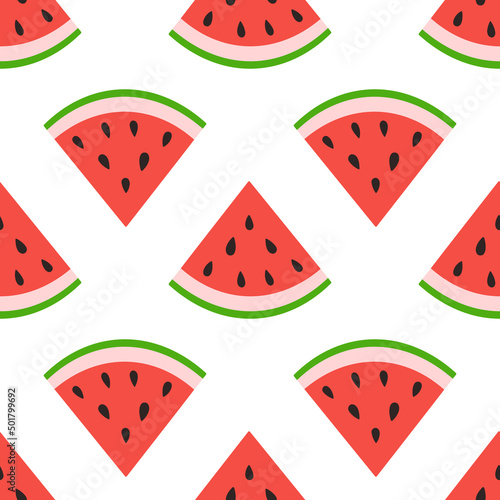 Watermelon slice seamless pattern. Summer fruit and berry background. Vector illustration for fabric design, gift paper, baby clothes, textiles, cards.