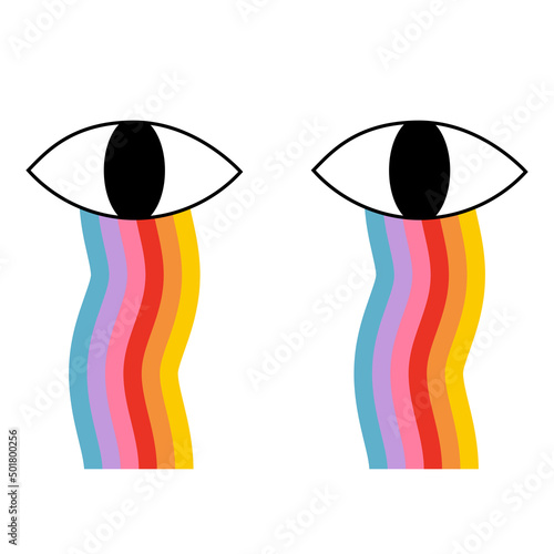 Cartoon eyes cry with rainbows. Psychedelic doodle vector illustration.