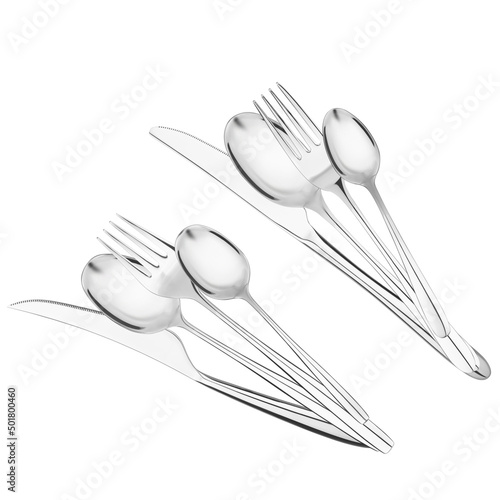 silver metal tableware set isolated on white