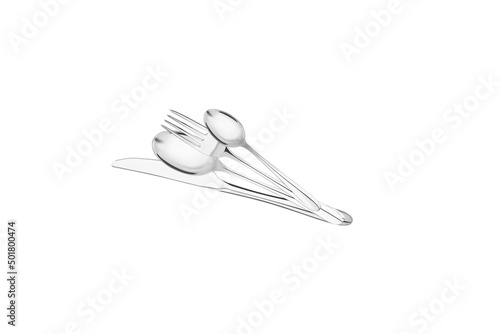 silver metal tableware set isolated on white