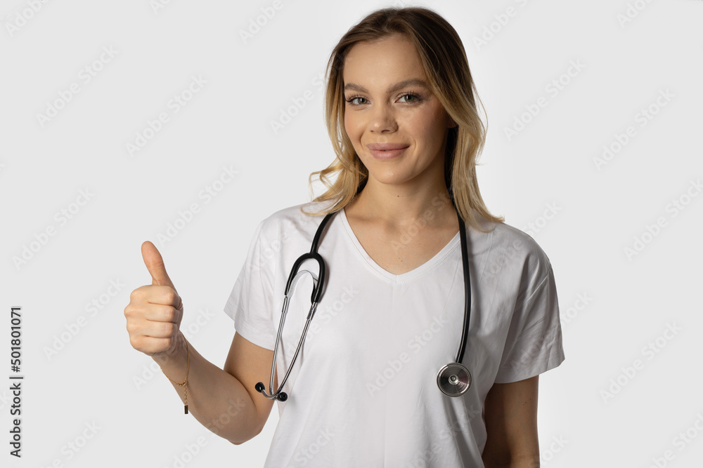 portrait of beautiful attractive woman nurse with hand gesture portrait of beautiful attractive woman nurse with hand gesture
