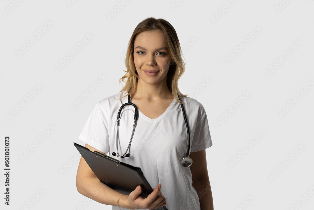 portrait of a female doctor specialist with a folder on a white background portrait of a female doctor specialist with a folder on a white background