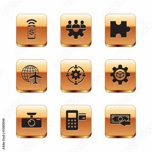 Set Contactless payment, Car DVR, Pos terminal, Outsourcing concept, Globe with flying plane and Piece of puzzle icon. Vector