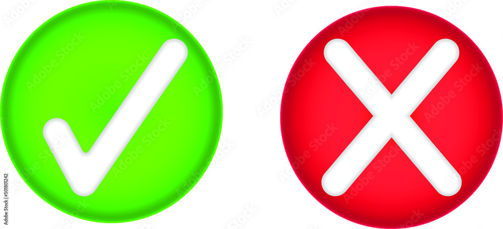 vector image of an icon of yes or no icons depicted as a white check mark on a green circle of a white cross on a red circle vector image of an icon of yes or no icons depicted as a white check mark on a green circle of a white cross on a red circle
