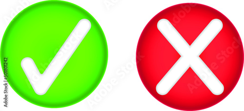vector image of an icon of yes or no icons depicted as a white check mark on a green circle of a white cross on a red circle