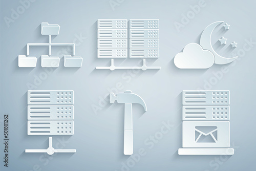 Set Hammer, Cloud with moon and stars, Server, Data, Web Hosting, Mail server, and Folder tree icon. Vector