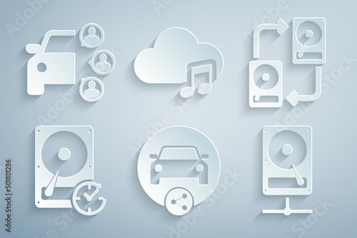 Set Car sharing, Data exchange with hhd, Hard disk drive clockwise, on network, Music streaming service and icon. Vector