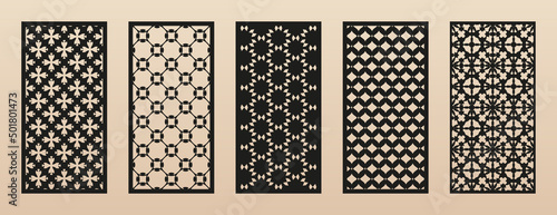 Set of laser cut patterns. Vector modern abstract geometric panels with floral ornaments, grid, lattice. Arabic style. Template for cnc cutting, decorative panels of metal, wood. Aspect ratio 1:2