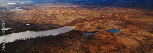 Landscape riverbed and land relief. View from above. Aerial photography. Putorano Plateau. Peninsula Taimyr