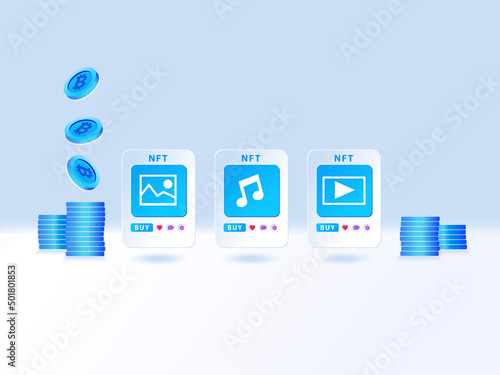 NFT Non-Fungible-Token concept. Vector illustration of NFTs for digital artwork such as images, music and video. Bitcoin payment concept to purchase digital art from a decentralised marketplace.