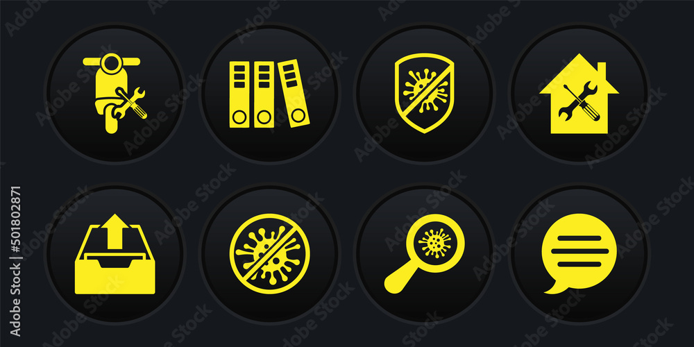 Set Upload inbox, House service, Stop virus, bacteria, Microorganisms under magnifier, Office folders, Speech bubble chat and Scooter icon. Vector Set Upload inbox, House service, Stop virus, bacteria, Microorganisms under magnifier, Office folders, Speech bubble chat and Scooter icon. Vector