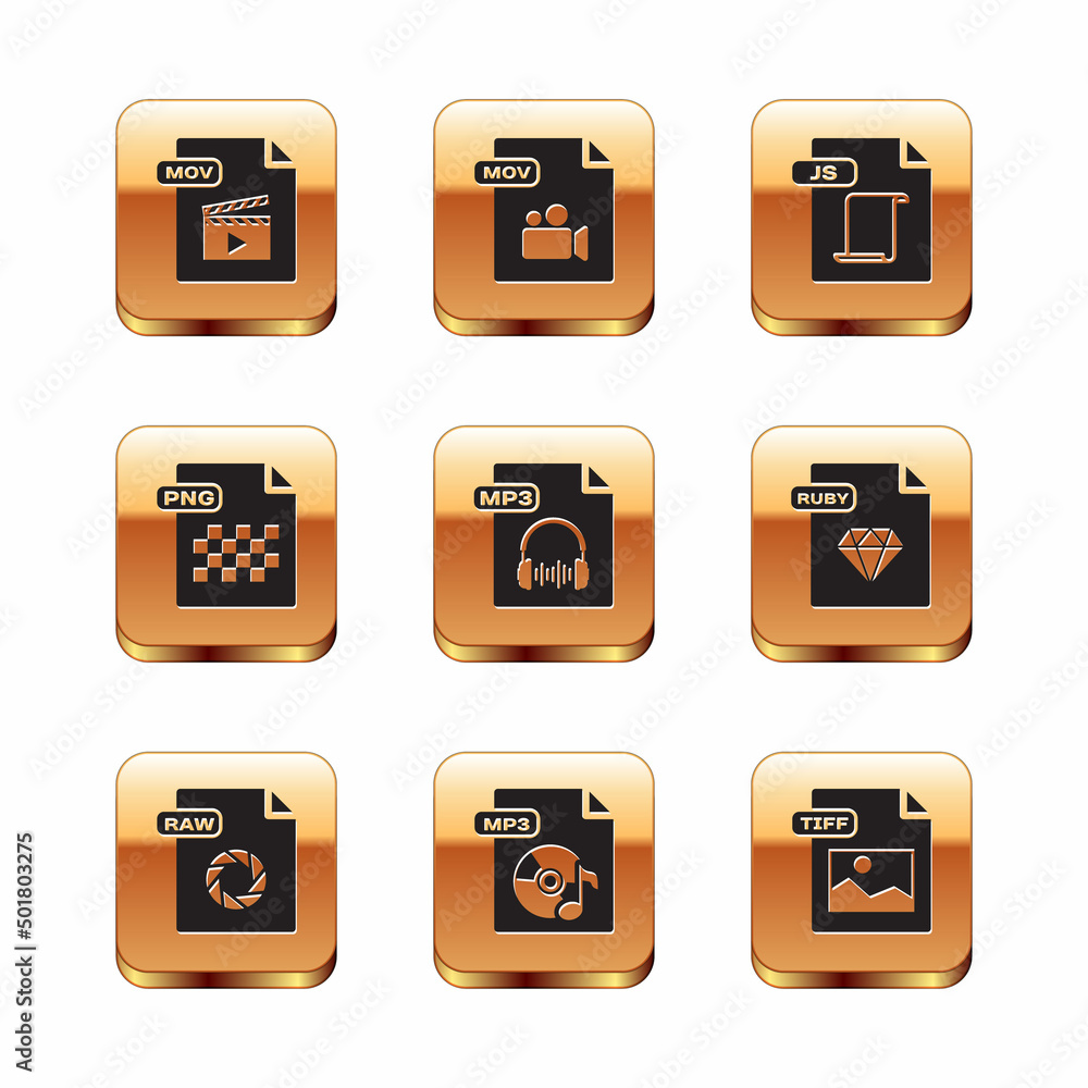 Set MOV file document, RAW, MP3, PNG, JS, TIFF and icon. Vector Set MOV file document, RAW, MP3, PNG, JS, TIFF and icon. Vector