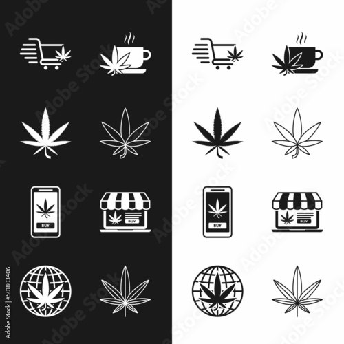 Set Marijuana or cannabis leaf, Shopping cart with marijuana, Cup tea, Online buying, and Legalize icon. Vector