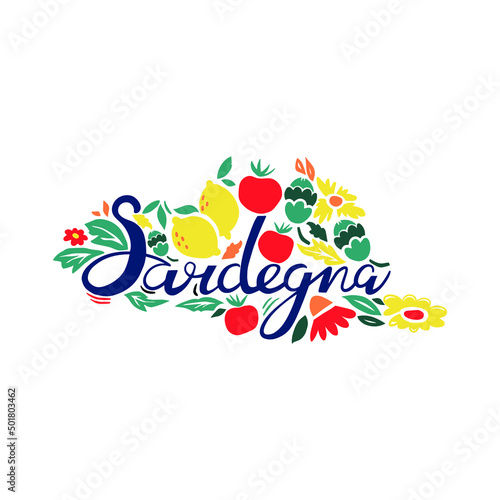 Handdrawn map of Sardegna - Sardinia with colourful flowers and vegetables. Italian Sardinia island. Visit Italy concept. Poster design or postcard illustration. Business travel card.