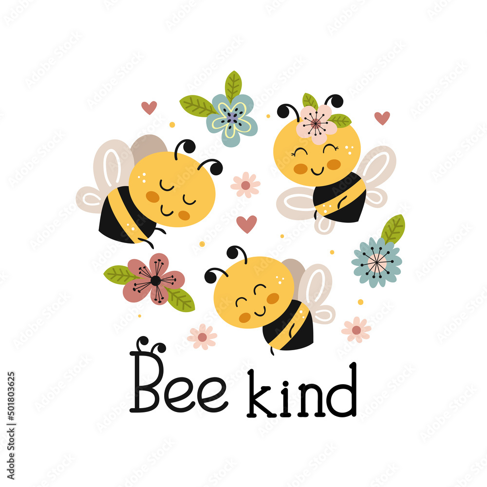 Fototapeta premium poster with cute kind bees and flowers