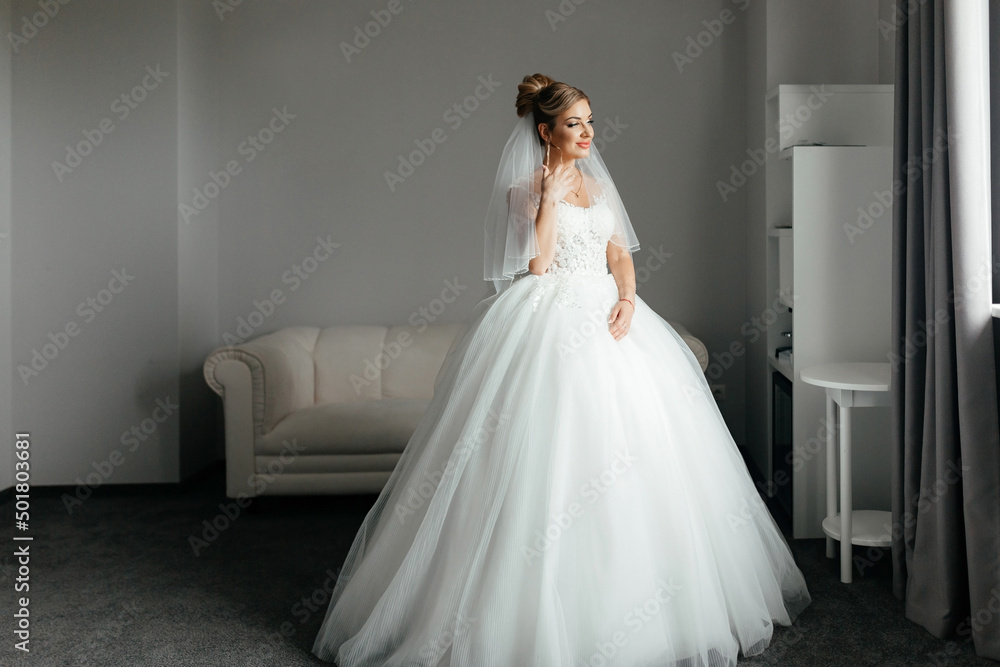 Bride morning concept. An elegant bride stands at the window of a hotel room and looks into the camera. Bride morning concept. An elegant bride stands at the window of a hotel room and looks into the camera.