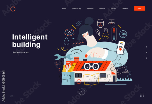 Technology Memphis -Intelligent building, modern flat vector concept digital illustration Smart house, management metaphor -woman and building resolving problems. Creative landing web page template