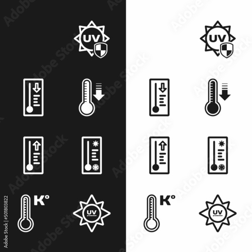 Set Meteorology thermometer, Rainbow with sun, UV protection, and icon. Vector