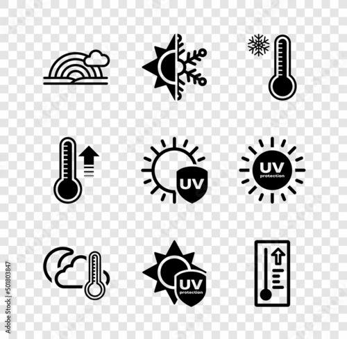 Set Rainbow with cloud, Sun and snowflake, Meteorology thermometer, Thermometer moon, UV protection, and icon. Vector
