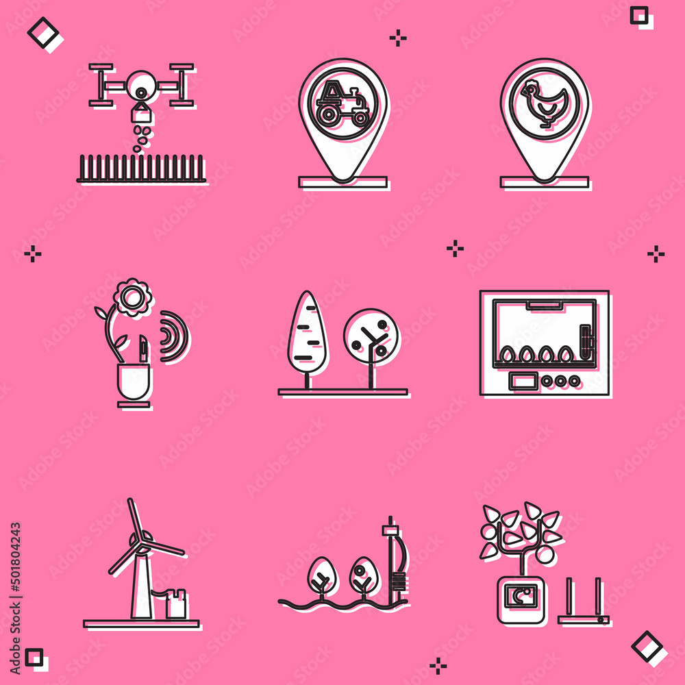 Set Smart farm with drone, Tractor and location, Chicken, farming technology, Trees, Incubator for eggs, Wind turbine and Standalone sensor plant icon. Vector Set Smart farm with drone, Tractor and location, Chicken, farming technology, Trees, Incubator for eggs, Wind turbine and Standalone sensor plant icon. Vector