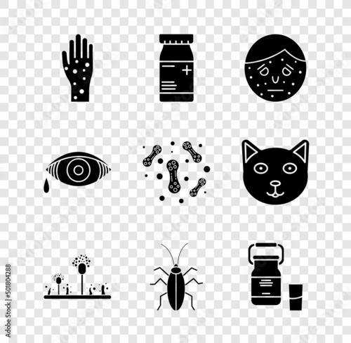 Set Hand with psoriasis or eczema, Medicine bottle pills, Face, Mold, Cockroach, Can container for milk, Reddish eye allergic conjunctivitis and Bacteria icon. Vector
