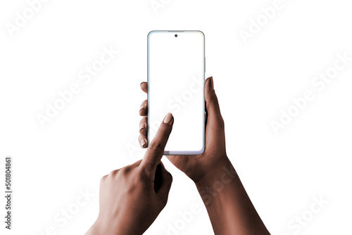 Modern white perla smart phone in woman hands. Low light, dark skin, isolated in white. Isolated screen for mockup