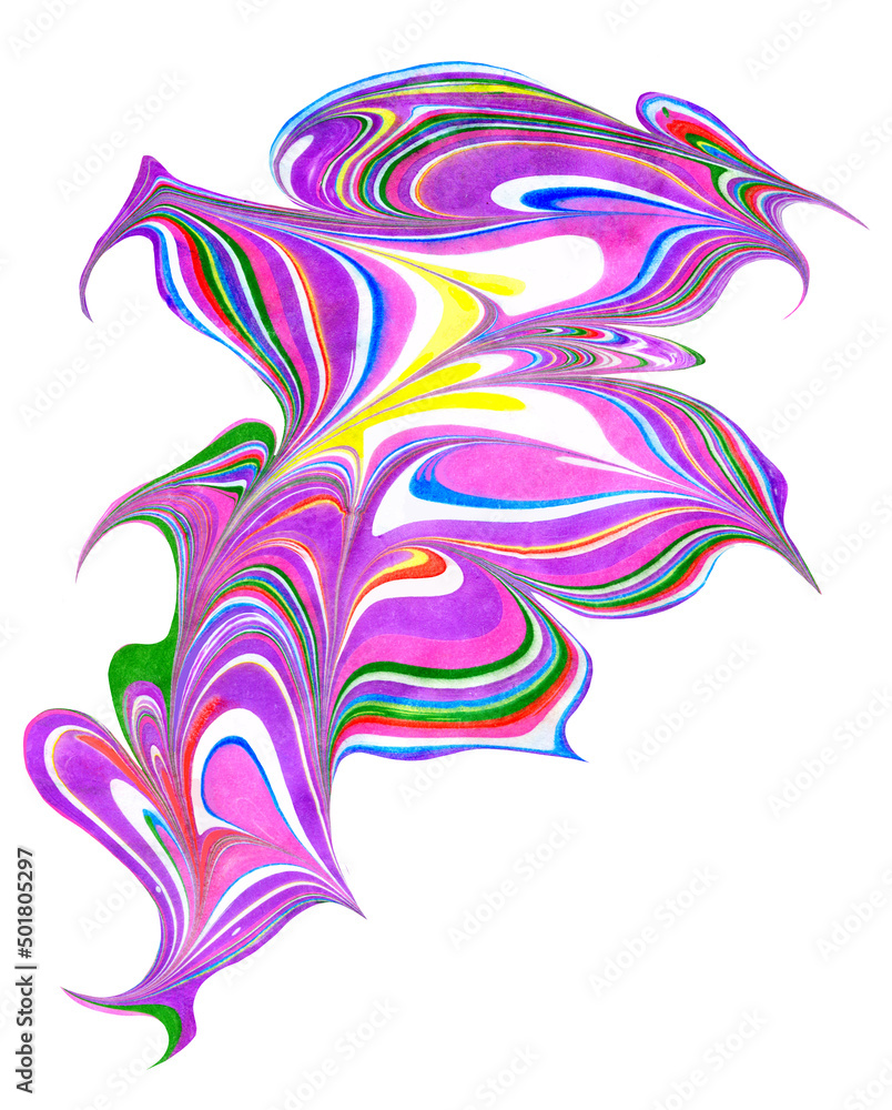 Fantastic wavy fluid pouring shape in multicolor neon tones isolated on white. Perfect for modern cover, textile print, package, posters, banner, postcards, advertising, holiday invitations.