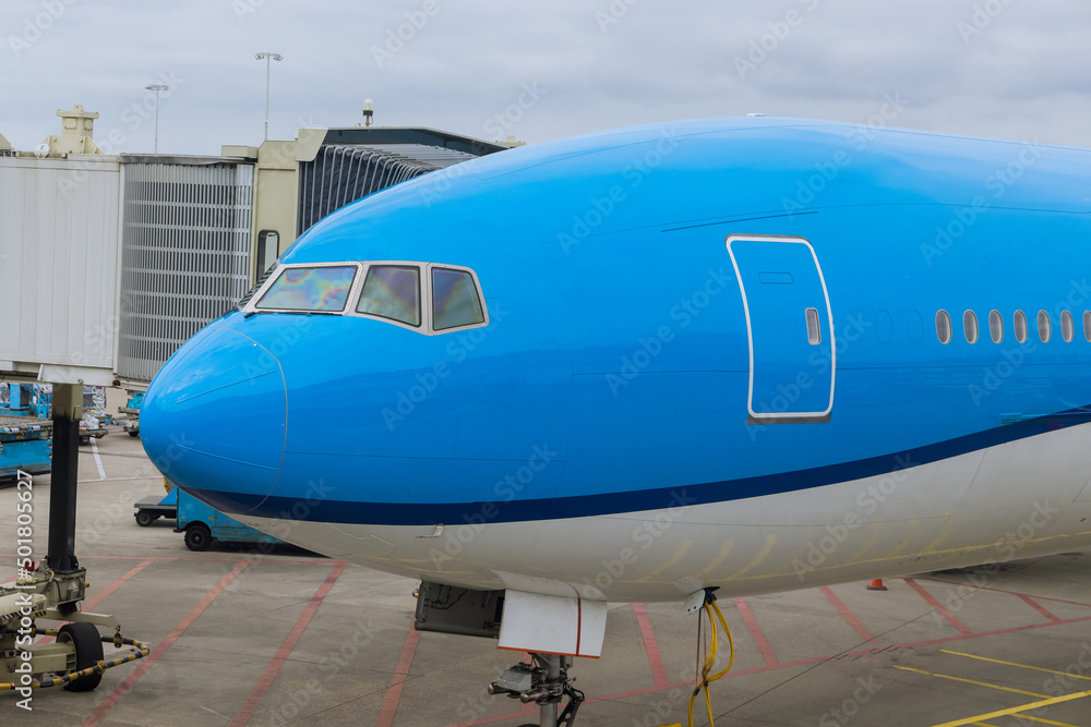 Preparing the airplane at airport with ground service before flight