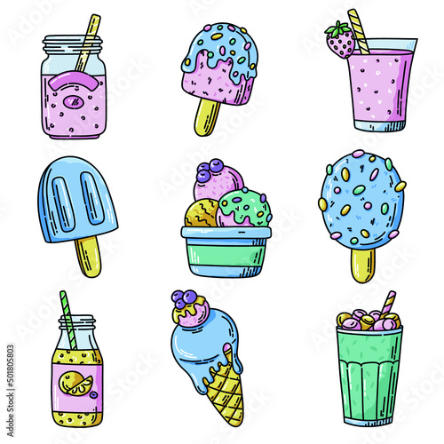 Sweets set. Ice cream, milkshakes, soft drinks, fruit juices.
