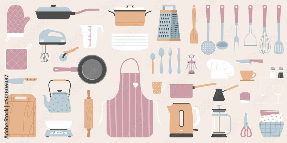 Set of kitchen tools isolated on white background. Kitchenware collection.Cartoon Vector Illustration. Set of kitchen tools isolated on white background. Kitchenware collection.Cartoon Vector Illustration.