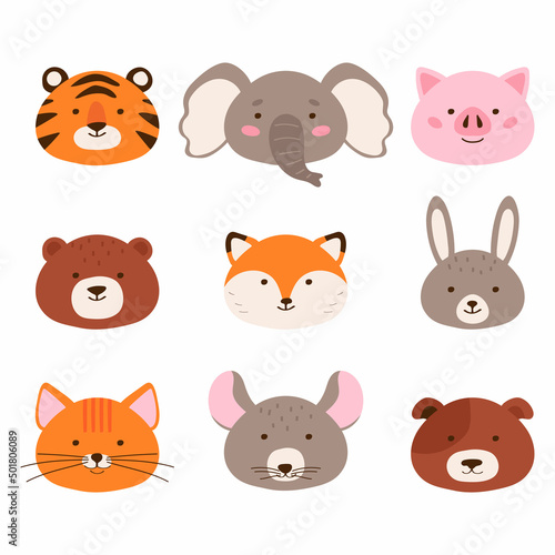 Set of cute animal faces icons. Flat vector illustration for children. Wild and domestic animals.